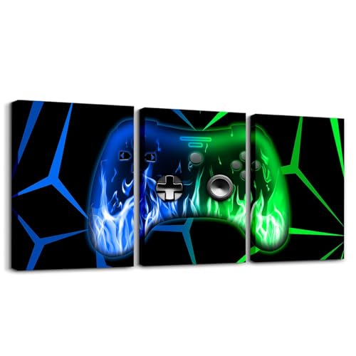 Feelyou Gamer Canvas Wall Art for Living Room 12" x 16" 3 Piece Gaming Picture Wall Decor Game Controller Bathroom Wall Art Blue Green Office Wall Decorations Artwork Posters Geometric Wall Painting - color: Blue Green1