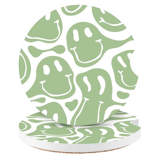 Car Coasters,Purple Smily Absorbent 2 Pack for Cup Holders with Finger Notch,2.56 inches Ceramics Heat Resistant Anti Slip Cork Base Car Drinks Coasters Auto Cup Holder(Pale Green face) - color: Pale Green Face