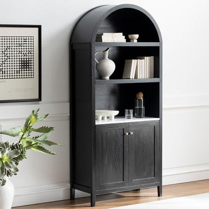 EYYTHUNG 71" Tall Arched Cabinet, 5-Tier Arched Bookcase Storage Display Cabinet with Doors and Shelves, Modern Farmhouse Bookshelf Kitchen Pantry Cabinet for Living Room Dining Room, Black - color: Black