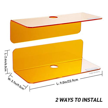 OAPRIRE Small Acrylic Floating Wall Shelves Set of 2, Flexible Use of Wall Space, 9 Inch Adhesive Display Shelf for Security Cameras/Smart Speaker/Action Figures, with Cable Clips - Clear Orange - color: Orange