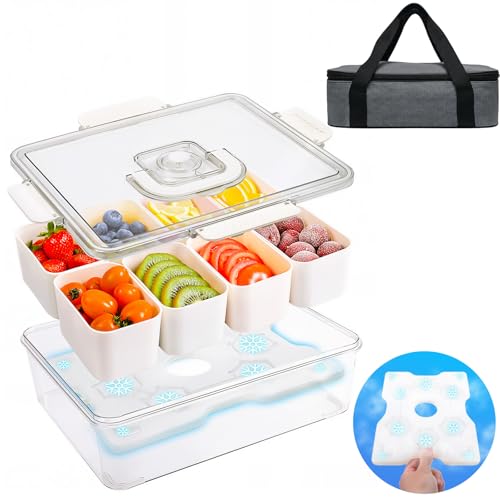 Portable Snackle Box Container with Ice Pack,Snack Container Divided Serving Tray Insulated Bag, Cooling Travel Snacklebox with Lid & Handle,8 Compartment Chilled Serving Tray for Beach,Outdoor,Picnic - color: White