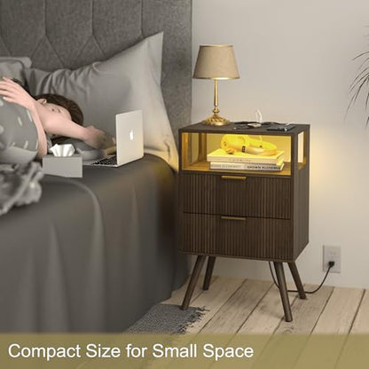 JOONEE Nightstand with Charging Station and LED Lights,Modern Bedside Table with 2 Storage Drawer and Open Wood Shelf, for Bedroom and Small Spaces,Night Stand with Solid Wood Legs,Walnut Brown - color: Walnut Brown
