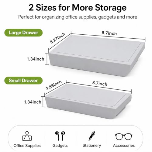 YOOUSOO Under Desk Drawer Organizer, 2 Pack Self Adhesive Slide Out Desk Storage Drawers, Hidden Desk Drawer Attachment for Pens, Notes, Earbuds, Cables and Small Office Accessories, Grey - color: Grey