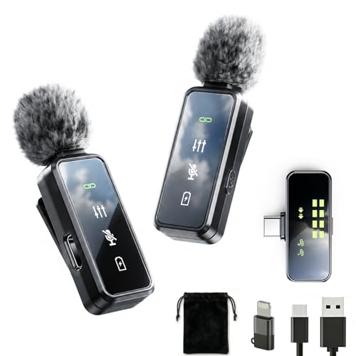 Wireless Lavalier Microphone, 12H Lapel Microphone with Digital Display & Smart Noise Cancellation, Mini Clip On Mic for iPhone Android Type-C, Recording Mic for YouTube TikTok Vlog Podcast Interview