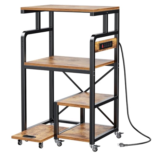 POKIPO Large 4 Tier Printer Stand, 26.7 x 21.2 x 50.2 Inches Tall Printer Cart with Power Outlets 4-Adjustable Heavy Duty Rolling Shelf for Home Office Kitchen Stand for Paper Shredder Mini Fridge
