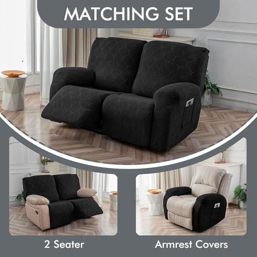 100% Waterproof Recliner Loveseat Cover, 2 Pieces Stretch Recliner Sofa Slipcovers Washable Couch Cover Furniture Covers for Pets, Dogs, Kids (Black, 2 Seater) - color: Black, size: 48"-62" 2 Seater