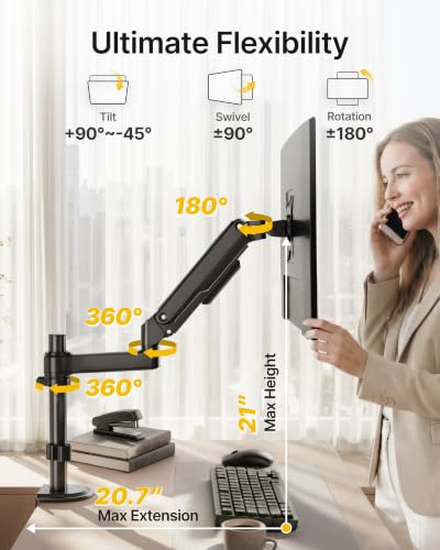 monTEK Tall Single Monitor Arm, Heavy Duty Adjustable Desk Mount for 17–32" Screens, Holds 19.8 lbs, 21 in Max Height, Full Motion Swivel & Tilt, VESA 75/100mm