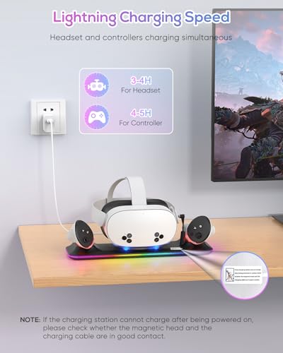 Charging Dock for Meta Quest 3S/3, Kinwin Magnetic Charging Station for Oculus Quest 3S/3 Accessories with RGB Light, Charging Stand for VR Headset & Controller with 2 Rechargeable Batteries (Black) - color: Black