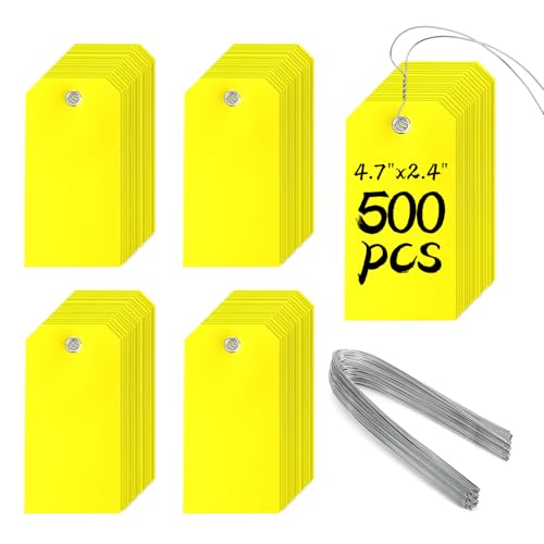 500 Pieces Plastic Shipping Tags with Wire Waterproof Hang Tags Heavy Duty Labeling Tags with String Wires Tags Labels Labeling Tags Stacking Tags for Equipment Car Parts (Yellow, 4 3/4 x 2 3/8) - color: Yellow, size: 4 3/4 x 2 3/8