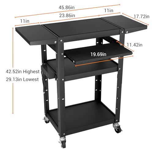 Mobile AV Cart with Pullout Keyboard Tray, Rolling Computer Cart Height Adjustable Rolling Media Utility Cart with 4 Wheels, 4 Outlets, Perfect for Home or Office Us