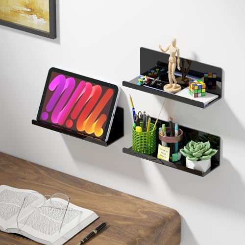 PAVSTINE Acrylic Floating Shelves for Wall No Drilling, Self Adhesive Space-Saving Shelves, 12 Inch Floating Shelf Stick on Wall Shelf, for Bathroom, Kitchen, Bedroom, Office, Gaming Room, Black - color: Black