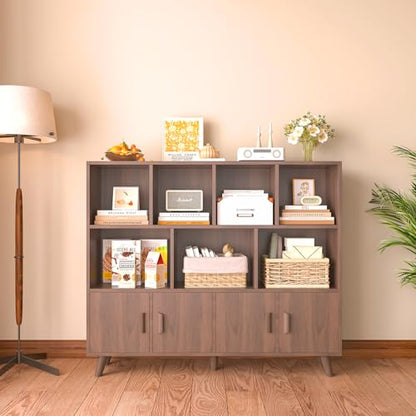 OSCHF Cubby Shelf Bookcase with Doors - Wooden 11 Cube Floor Standing Open Bookshelf with Solid Wood Legs, 3-Tier Storage Cabinet, Walnut - color: Walnut