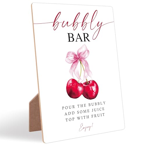 Cherry Wedding Signs for Reception, Pink Bow Bloom Bar Sign, Berry Wooden Wedding Signs with Stand, Pink Bow Theme Bridal Shower Decorations, Bridal Shower Party Supplies for Reception, 04 - color: Cheery04