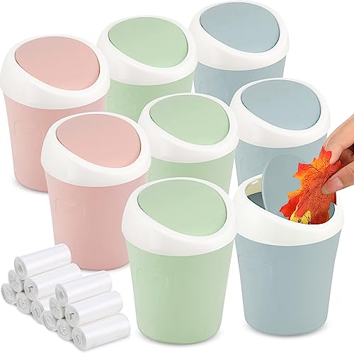 Zhehao 8 Pcs Plastic Mini Wastebasket Trash Can with Swing Lid 360 Trash Bags Desktop Small Garbage Bin Countertop Vanity Tabletop Waste Paper Basket for Home Office (Blue,Green,Pink) - color: Blue,Green,Pink