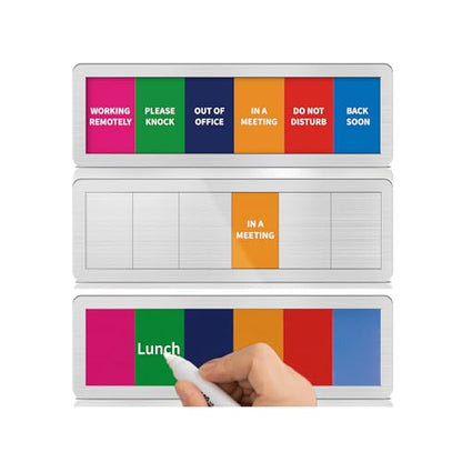Office Door Signs with 6 Printed Status Options – Do Not Disturb, Out of Office, In a Meeting, Please Knock, Work from Home, Back Soon – Includes Custom Personalized Blank Sticker for Privacy Workspace or Studio Available and Away - style: Brushed Silver