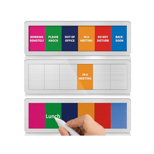 Office Door Signs with 6 Printed Status Options – Do Not Disturb, Out of Office, In a Meeting, Please Knock, Work from Home, Back Soon – Includes Custom Personalized Blank Sticker for Privacy Workspace or Studio Available and Away - style: Brushed Silver
