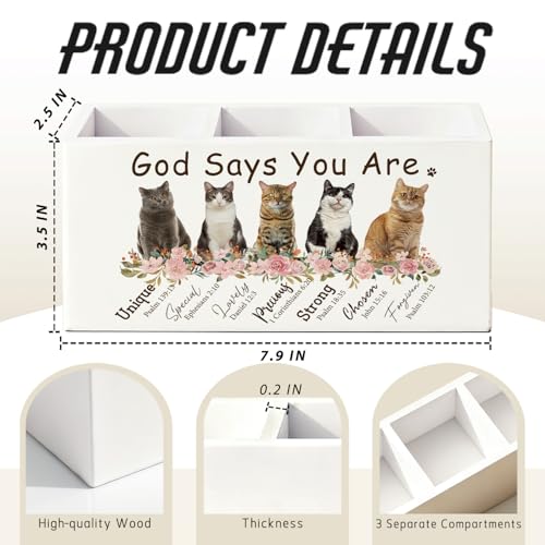 Christian Inspirational Cat Pen Pencil Holder for Desk, Christian Gifts for Women, Cat Lovers Gifts, God Says You Are Bible Verse Wooden Box Sign Decorations for Home Office Desk Tabletop - color: 01- Cute Cat Bible (white)