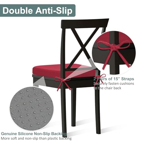 Shinnwa Dining Chair Cushions, Patented Design Memory Foam Kitchen Chair Pads with Ties and Washable Cover, 17" x 16" x 2", Burgundy - color: Burgundy