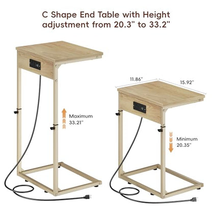 Vagusicc C Shaped End Table with Charging Station, Adjustable Height Side Table for Couch, Small Side Table, 33.2'' Tall Couch Tables that Slide Under, Tv Tray End Table for Living Room, Natural - color: Natural (1 Pack), style: With Plug