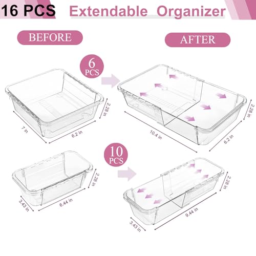 16 Pcs Extendable Clear Drawer Organizer, All Adjustable Vanity Storage Box, 2-Size Desk Drawer Organizer, Durable Storage Bins for Makeup, Cosmetic, Bedroom Dressers Tool Organizer for Gadgets - color: 6Pcs Large+10Pcs Middle