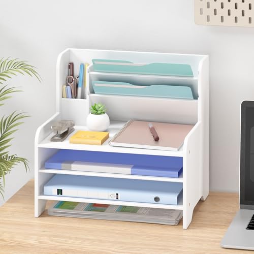 Bamboo Desk Organizer Mail Holder Countertop Letter Tray File Organizer for Desk Letter Sorter Paper File Storage for School Home Office Supplies - color: White, size: Large