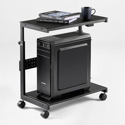 EUREKA ERGONOMIC Height Adjustable Computer Tower Stand, Illuminated Glass Panel PC Stand w/RGB Lights, 2-Tier CPU Holder Cart Under Desk, PC Floor Stand for Office Gaming, APP Control - color: Mix Color Lite