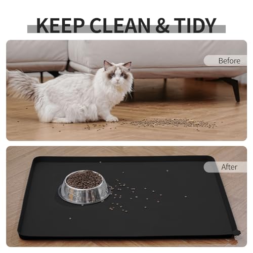 Reopet Waterproof Pet Feeding Mat with High Raised Edges, Heavier and Thicker Placemats for Cat Dog Water Bowl with BPA Free, Dogs Cats Food Mats for Messy Drinkers to Prevent Spill and Protect Floors | High Raised Edges Prevent Food & Water Spills to Pro