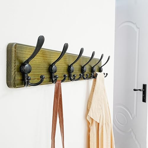 Dseap Coat Rack Wall Mounted - 24" Long 6 Tri Hooks, Heavy Duty Wooden Wall Coat Hanger Coat Hook for Clothes Hat Jacket Clothing, Weathered Green and Black - color: Weathered Green & Black, size: L=24"