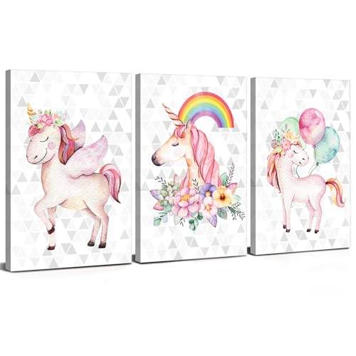 Unicorn Wall Decor for Girls Bedroom Colorful Rainbow Balloon Unicorn Room Pictures Nursery Room Canvas Art Girly Pink Floral Posters Bathroom Artwork Kids Toddler Home Decorations 12x16" 3 Pieces - color: Pink Unicorn, size: 12"l X 16"w