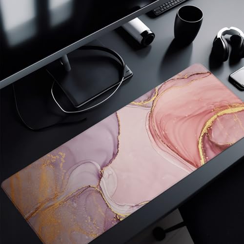 Rose Gold Marble Mouse Pad Abstract Marble Mouse Pad 31.5x11.8 Inch Texture Non-Slip Rubber Base Large Mousepad Stitched Edges Keyboard Mouse Mat Desk Pad for Office and Home - color: Rose Gold Marble