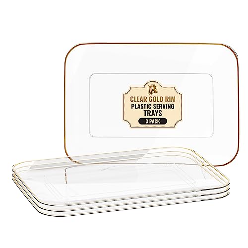3 Pack Plastic Serving Trays for Party - Gold Serving Tray 8 x 11 Inch - Heavy Duty Dessert Trays for Food - Rectangular Party Serving Trays for Entertaining - Clear Cookie Platters - color: Clear and Gold Rim