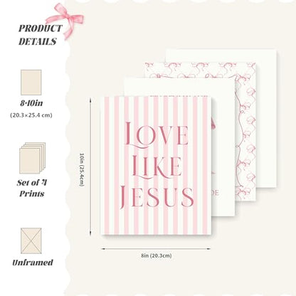 LARTSFRO Coquette Pink Bow Jesus Wall Art Decor Posters, Light Pink Bow Christian Room Bedroom Bathroom Dorm Wall Art Decor Aesthetic for College Teen Girls Gifts, Inspirational Bible Verses Bow Wall Decor, 10x8 Inch Set of 4 Bow Pictures (UNFRAMED) - col