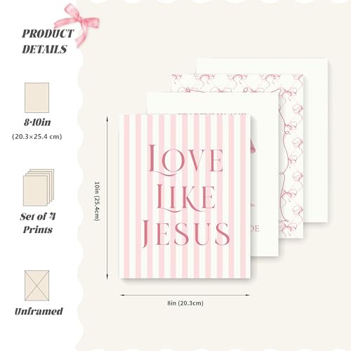 LARTSFRO Coquette Pink Bow Jesus Wall Art Decor Posters, Light Pink Bow Christian Room Bedroom Bathroom Dorm Wall Art Decor Aesthetic for College Teen Girls Gifts, Inspirational Bible Verses Bow Wall Decor, 10x8 Inch Set of 4 Bow Pictures (UNFRAMED) - col
