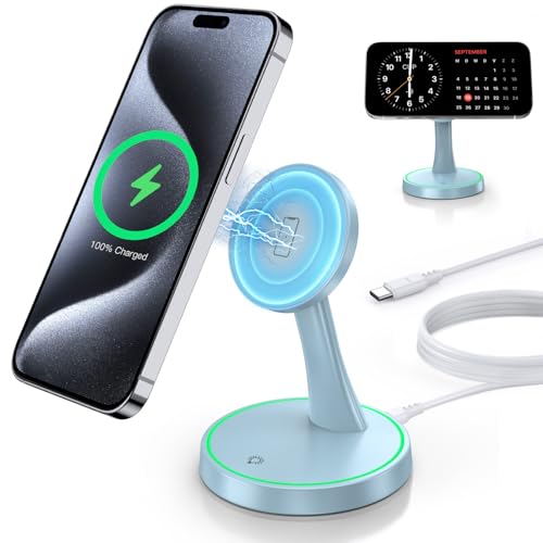 Magnetic Wireless Charger Stand 15W Fast Magnetic Charger for iPhone 17 /17 pro/ 17 Air/ 17 pro max 16/15/14/13/12 Series Magnet Wireless Charging Station/Pad with Sleep-Friendly Light for AirPods - color: Magnetic Blue