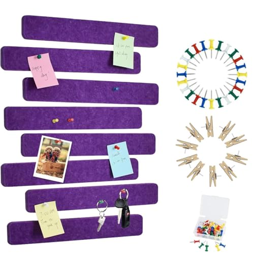 Vuzvuv 8 pcs Bulletin Board Bar Strips with 50 Pushpins & 10 Wooden Clip pins，Self Adhesive Cork Board for Wall，Felt Pin Board for School，Office Decor(Purple) - color: Purple