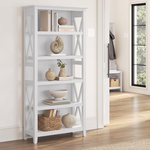 Bush Home Tall 5 Shelf Bookcase for Living Room or Home Office, Large Bookshelf, Modern Farmhouse Style, Key West Collection, Pure White Oak - color: Pure White Oak, size: 5 Shelf