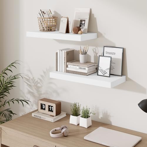 Fun Memories 24 x 10 Floating Shelves Wall-Mounted - Rustic Wood Shelf - 10 Inch Deep Floating Shelves for Wall - Large Storage Shelf for Bathroom - Kitchen & Bedroom - White - Set of 2 - color: Modern White, size: 24W x 10D x 1.5H
