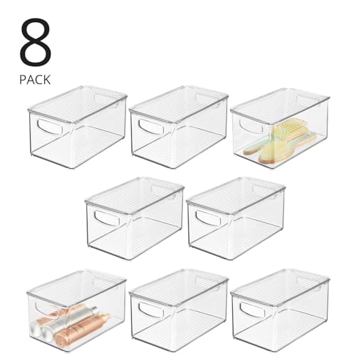 mDesign Deep Plastic Bathroom Storage Bin Box, Lid/Built-in Handles, Organization for Makeup, Hair Styling Tools, Toiletry Accessories in Cabinet, Shelves, Ligne Collection, 8 Pack, Clear