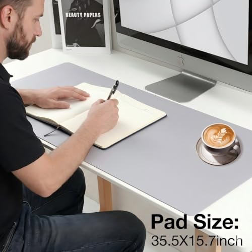 ALOANES Extra Large PU Leather Mouse Pad, Waterproof Desk Pad with Non-Slip Rubber Base, Smooth Gliding Surface for Office & Home, 40"x90" Large Desktop Mat, Light Grey - color: Light Grey