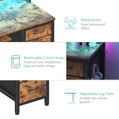 Lufeiya Gaming Desk with LED Lights and Power Outlets, 47 Inch Home Office Desks with Keyboard Tray, Computer Desk with File Drawers Cabinet, Writing Table PC Desks with Monitor Stand, Rustic Brown - color: Brown