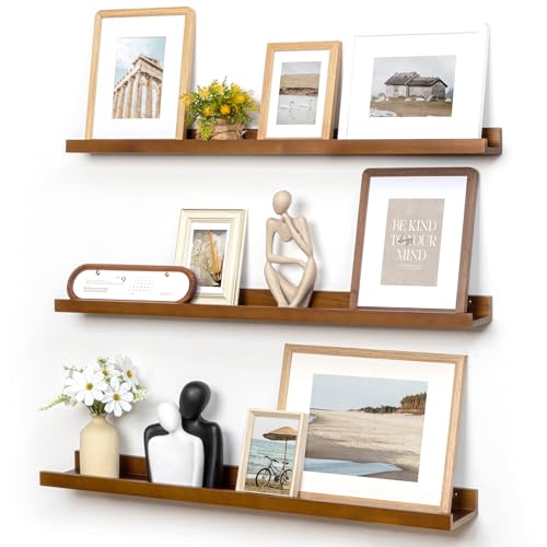 Picture Ledge Wall Shelves 36 inches Width Set of 3, Solid Pine Wood Rustic Floating Ledge Shelves for Wall for Kids' Room Bedroom Kitchen Bathroom Living Room Nursery Display Wall Decor, Walnut - color: Walnut, size: 36'', set of 3