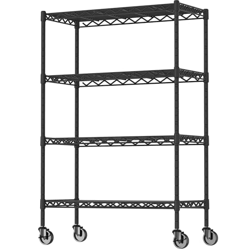 Soywey 4-Shelf Adjustable Heavy Duty Storage Shelving Unit on 4 Wheel Casters, Metal Organizer Wire Rack for Laundry Bathroom Kitchen Pantry Closet, Black - size: 4-Shelf, style: With Wheels