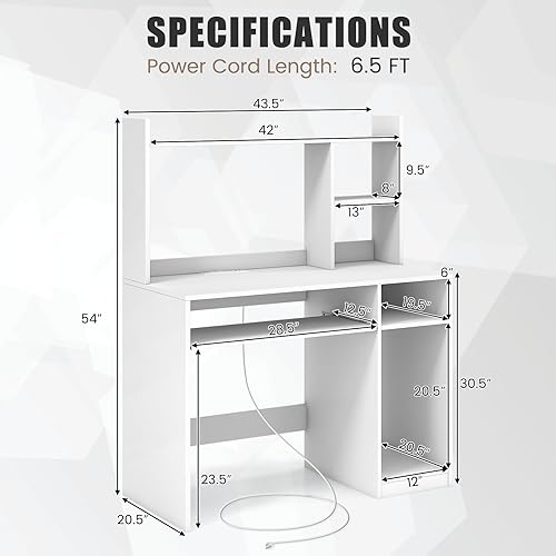 COSTWAY White Modern Large Computer Desk with Storage Shelf, Office Desk with Hutch, CPU Stand & Keyboard Tray, Home PC Desk with Bookshelf, for Bedroom, Study, Living Room