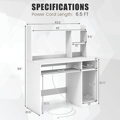 COSTWAY White Modern Large Computer Desk with Storage Shelf, Office Desk with Hutch, CPU Stand & Keyboard Tray, Home PC Desk with Bookshelf, for Bedroom, Study, Living Room