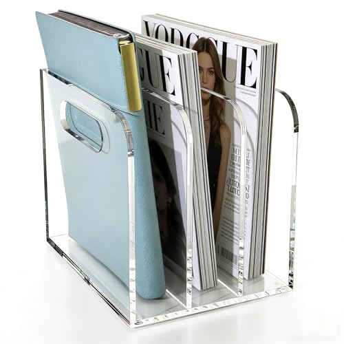 Acrylic Magazine File Holder, 3 Vertical Compartments Desk Document Sorter Organizer, Clear Folder Rack Binder for Office/Documents/Classroom, for Home, Tablet, Magazines, Books & Accessories - size: B5, 3 Sections
