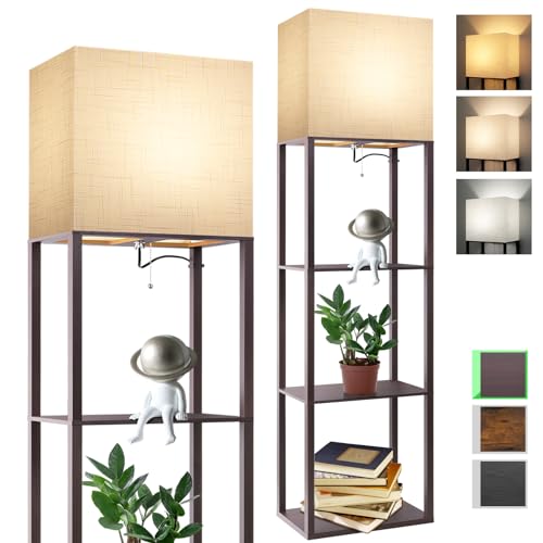 RUNTOP Plus - Floor Lamp with Shelves, Wide Shelf Lamp, Shelf Floor Lamp with 15W LED Bulb, 3 Colors Temperature, Memory Function, Large Display Storage, Standing Lamps for Living Room, Bedroom, Wood - color: Plus- Walnut