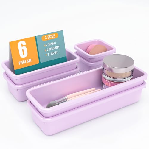 6 PCS Drawer Organizer Set, 3 Size Makeup Drawer Divider Organizer With Non-Slip Pads, Interlocking Plastic Storage Bins for Office,Jewelry Vanity,Gadgets, Bathroom,Kitchen, Purple - color: Purple, size: 6Pack