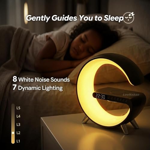 Smart LED Table Lamp,4-in-1 Wireless Charger with Speaker,Night Light, Alarm Clock, and Bluetooth Speaker with App Control, Ideal Gifts for Home, Office, Christmas (Light Black) - color: Light Black