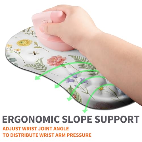 Ergonomic Joint Wrist Support Mouse Pad with Memory Foam Cushion Massage Bump, Carpal Tunnel Pain Relief Mousepad Slope Design for Wrist Rest, 11.8x7.9 in, Bee Butterfly Flower - color: Bee Butterfly Flower