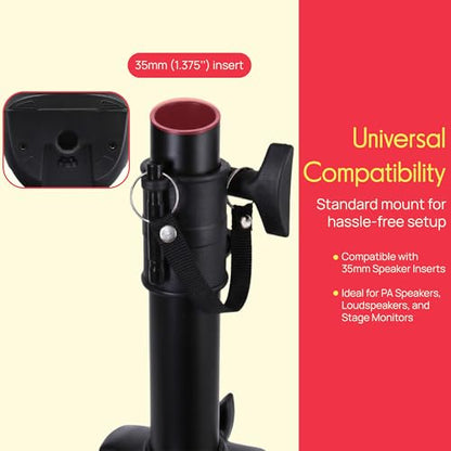 Pyle Universal Speaker Stand Mount Holder Heavy Duty Tripod w/ Adjustable Height from 40” to 71” and 35mm Compatible Insert Easy Mobility Safety Pin and Knob Tension Locking for Stability, Black - size: 1-Pack